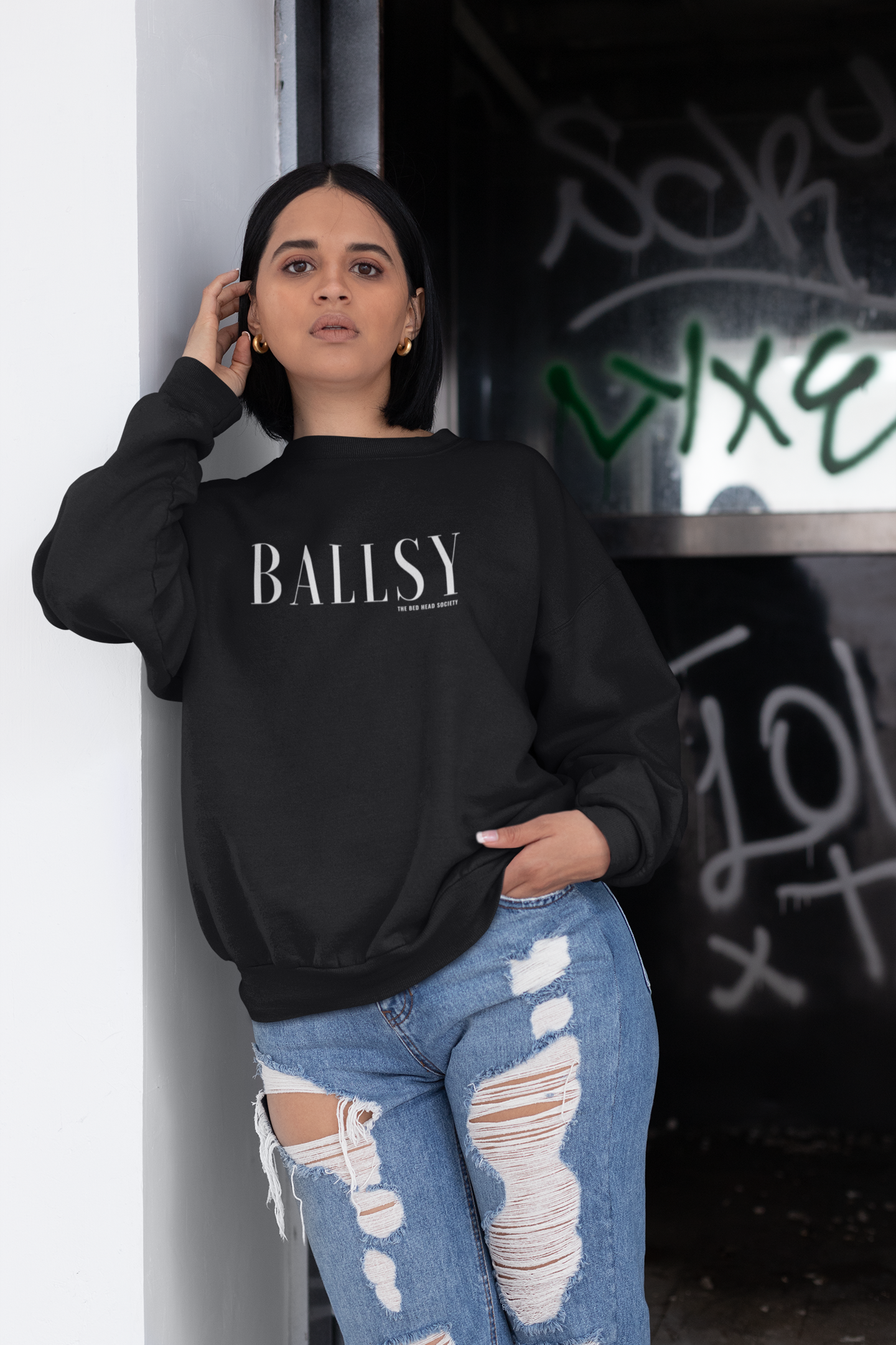 Ballsy Sweatshirt Black with White Print Shop Bed Head Society